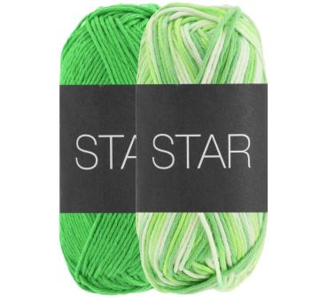 Ein Knäul Star uni in Farbe 12 Grasgrün und ein Knäul Star Print in Farbe 325 Grünmeliert